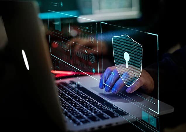 security-cyber A digital representation of cybersecurity featuring a shield icon with a keyhole, surrounded by a network of interconnected lines.